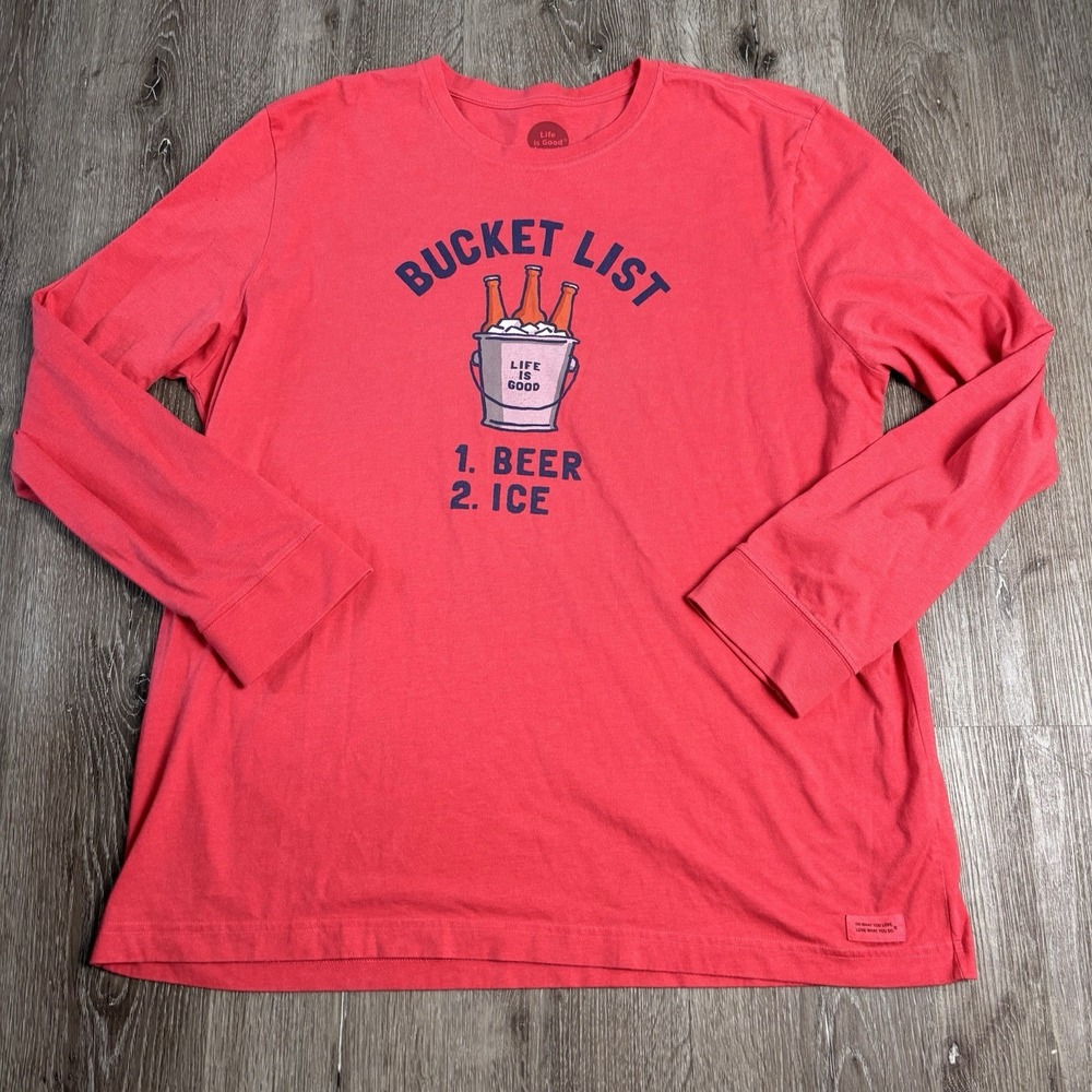 Men's XXL Life is Good Bucket List Beer Long Sleeve Red Classic Crusher T-Shirt